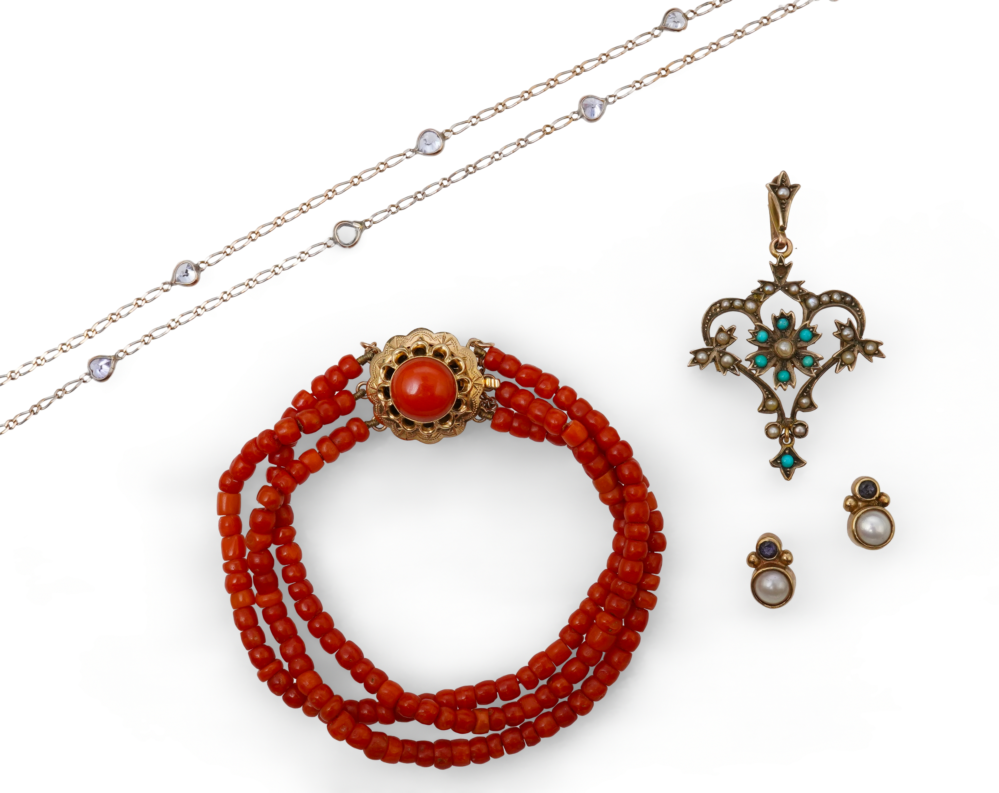 A collection of jewels, including a coral bracelet with a gold and coral clasp, length 18cm; an Edwardian seed pearl and turquoise pendant, length 4.8cm, indistinctly marked; a pair of cultured half-pearl and iolite earr
